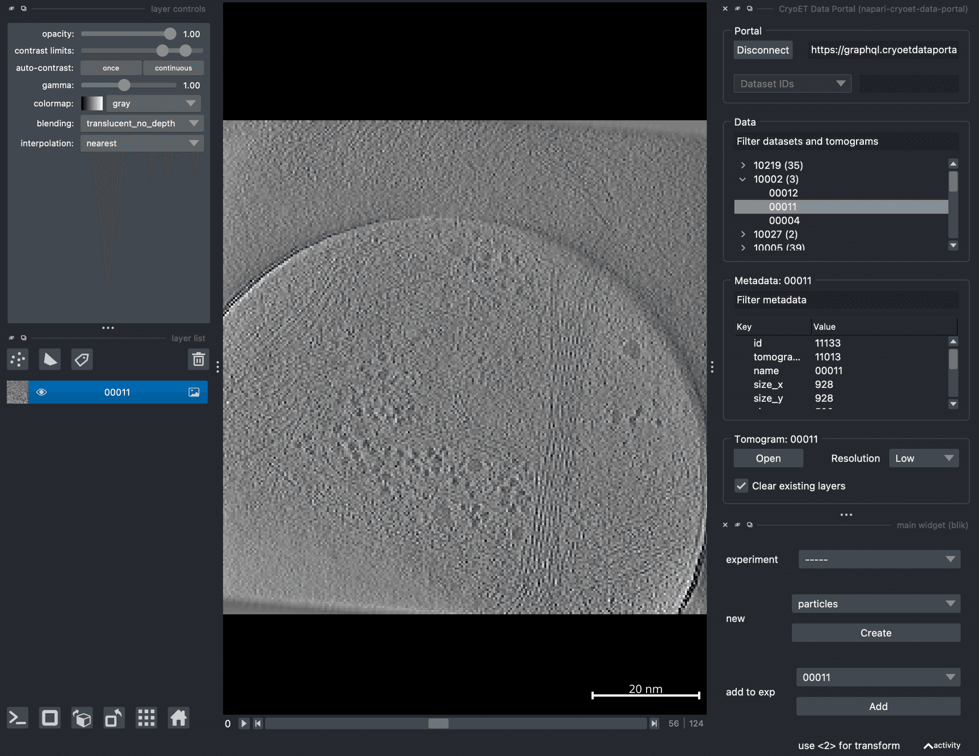 Screenshot of napari showing the napari-cryoet-data-portal and blik plugins.