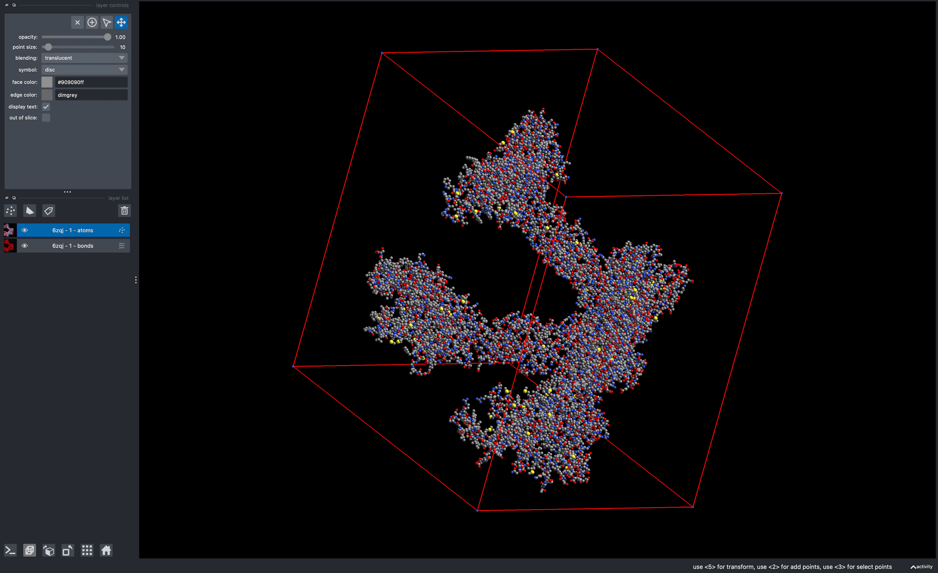 Visualization of PDB:6zqj with Lorenzo Gaifas' napari-molecule-reader plugin.