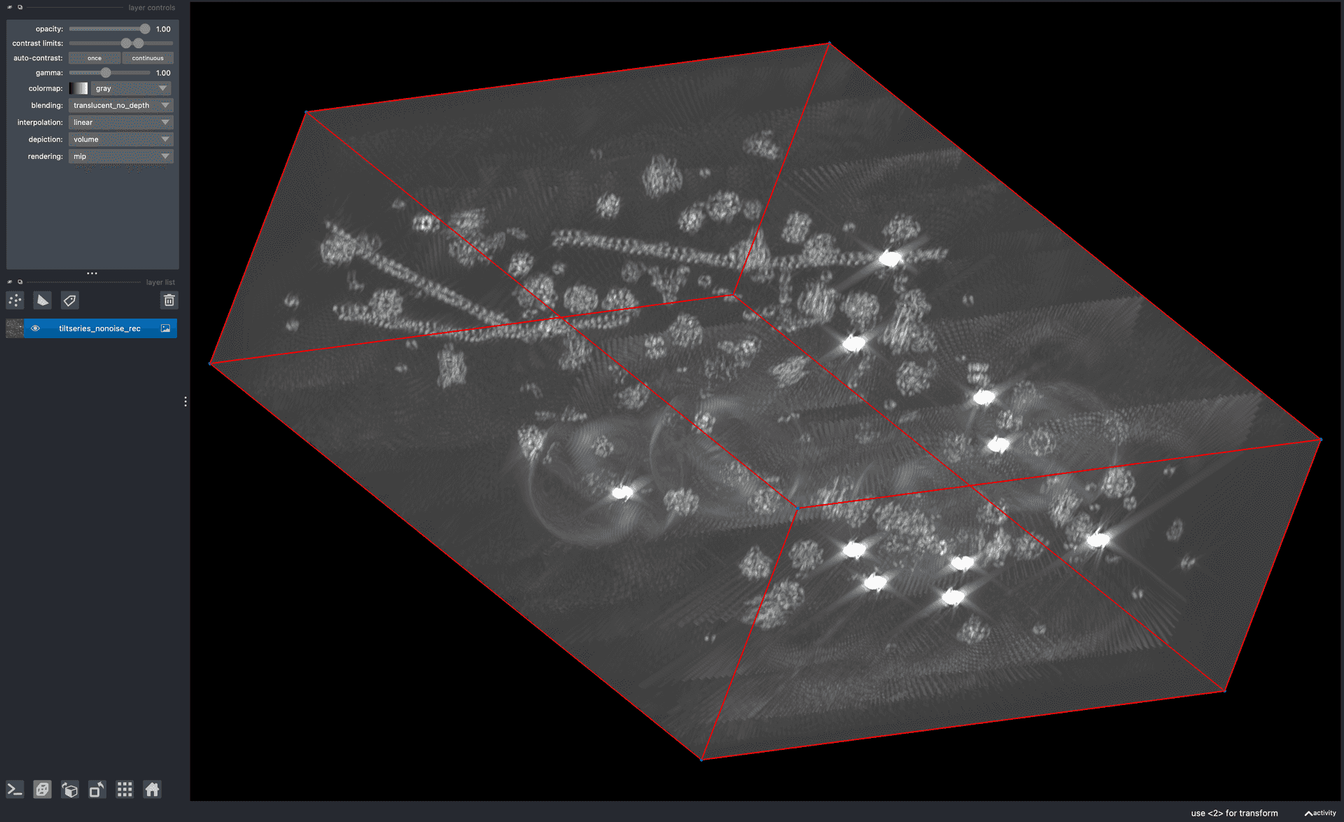 Screenshot of the volume render of a reconstruction created with this solution. Visualized in napari.